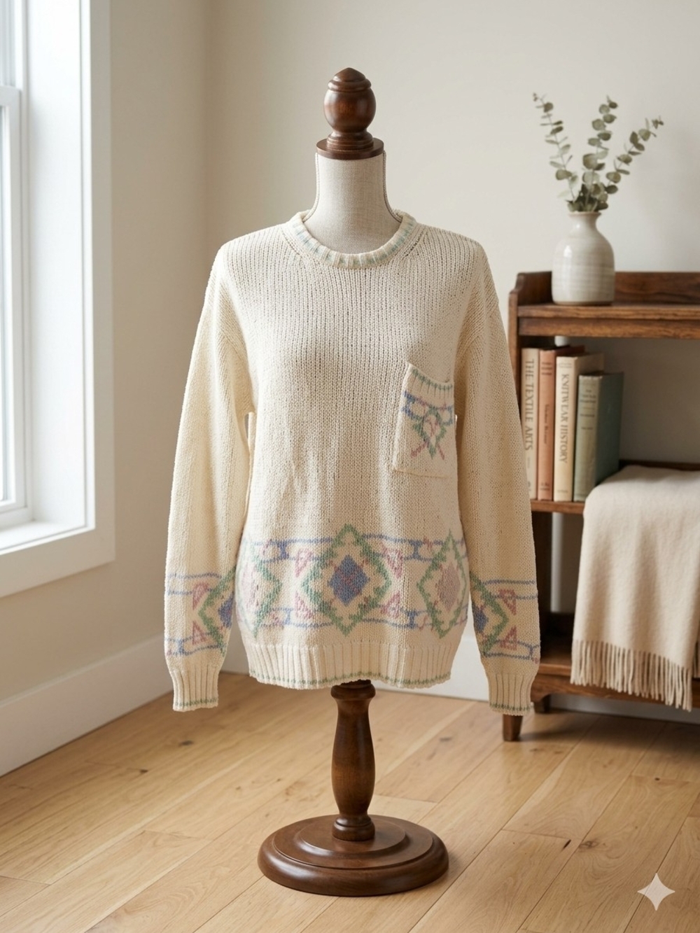 Vintage Alexander Julian Cream Crewneck Sweater with Pastel Accent Pattern